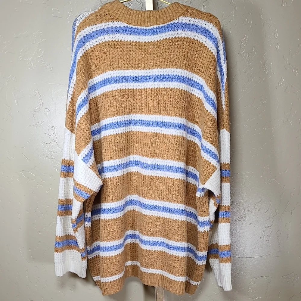 American Eagle Outfitters Tan and Blue Striped Oversized Crewneck Sweater XXL - Picture 5 of 10